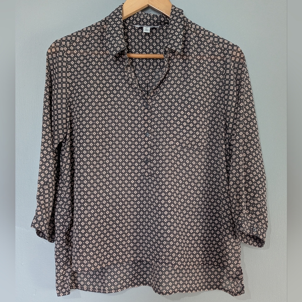 American Eagle Outfitters Women's Small Brown Floral Sheer Henley Blouse Top‎